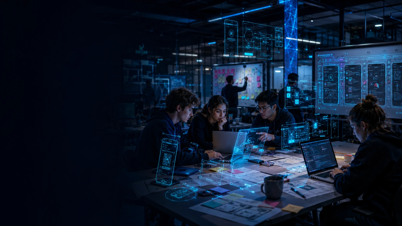 Étudiants prototypant un produit sur ordinateur et tableau blanc