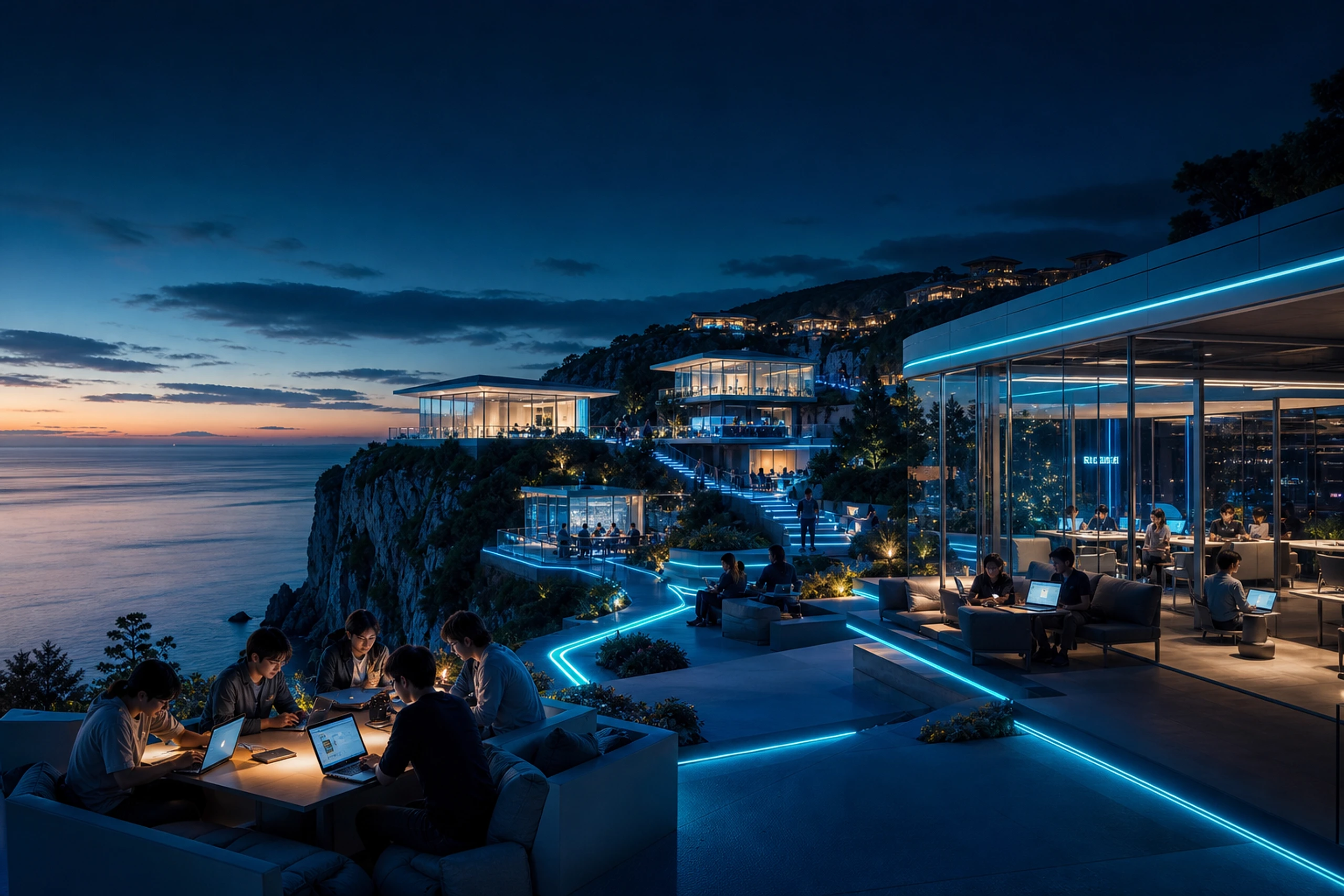 Startup Village — campus immersif futuriste en bord de mer au crépuscule